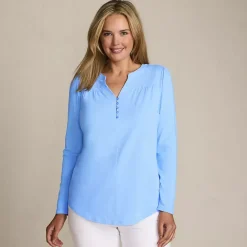 Women's Long Sleeve Lightweight Jersey Notch Neck Tunic Top