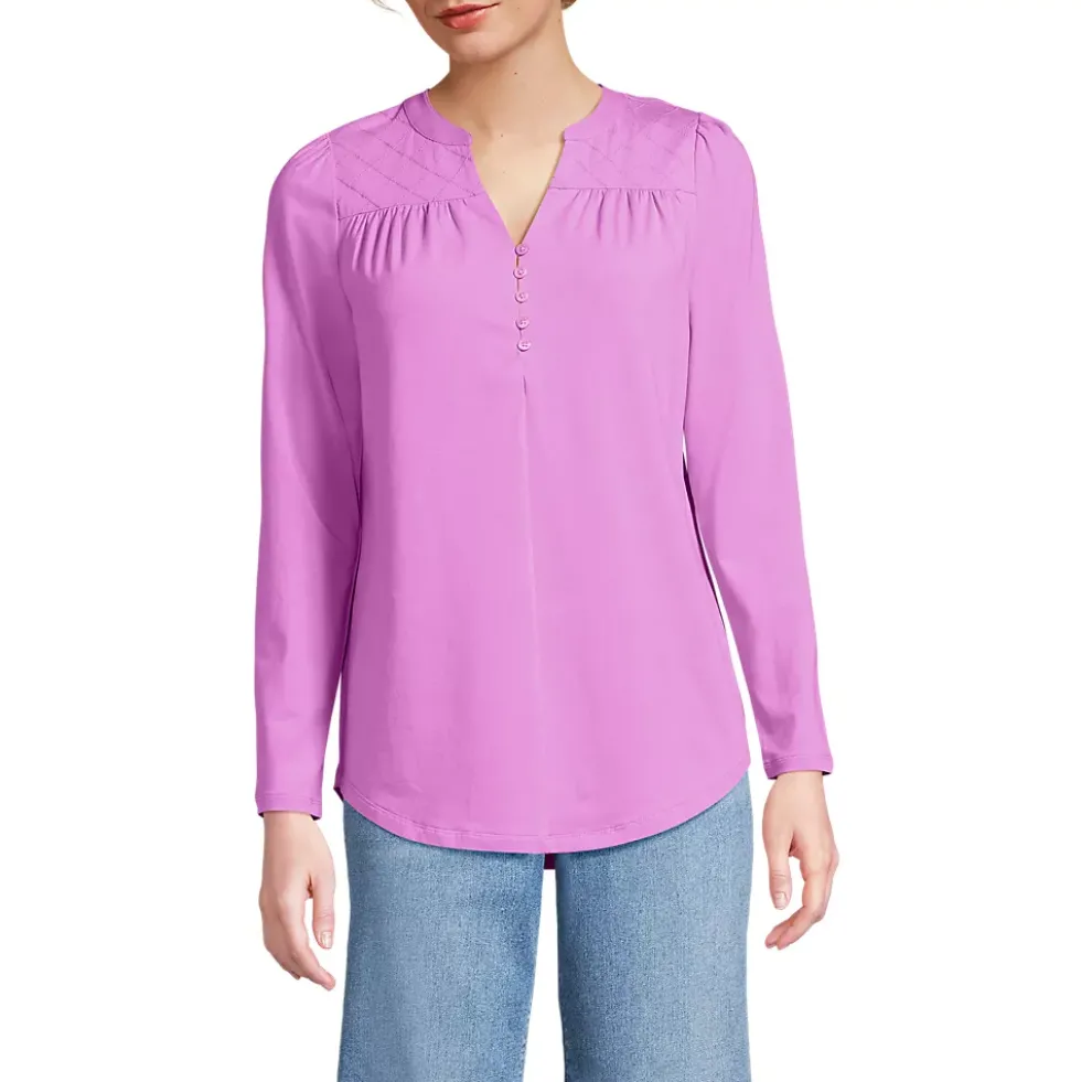Women's Long Sleeve Lightweight Jersey Notch Neck Tunic Top