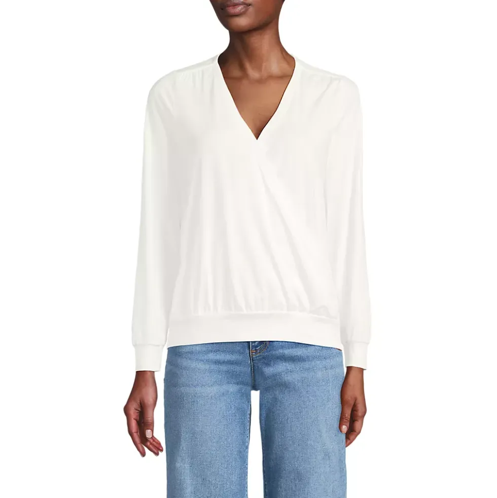 Women's Long Sleeve Lightweight Jersey Surplice Blouse