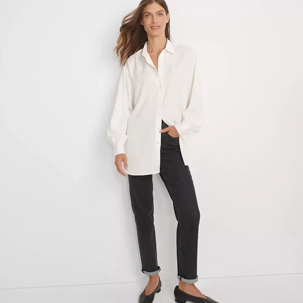Women's Long Sleeve Oversized Satin Buttondown Tunic