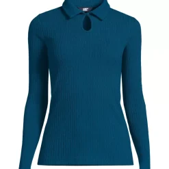 Women's Long Sleeve Pointelle Rib Keyhole Polo Top