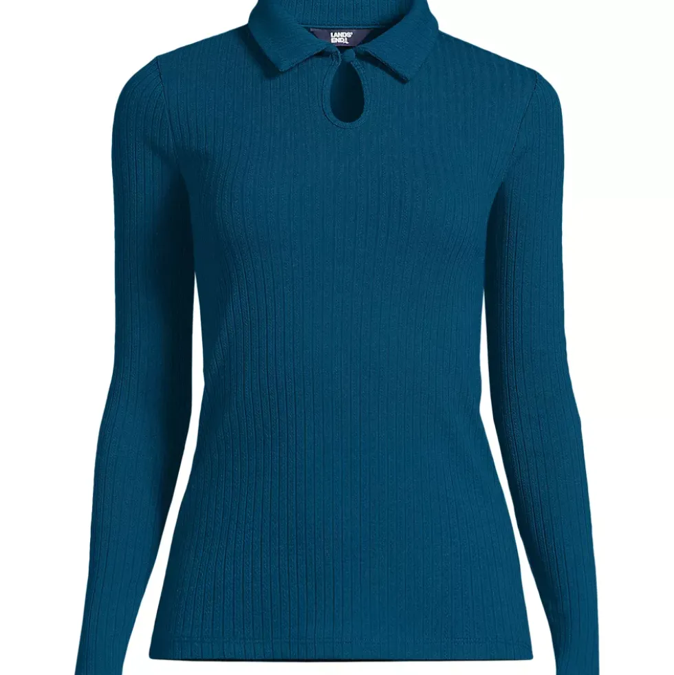 Women's Long Sleeve Pointelle Rib Keyhole Polo Top