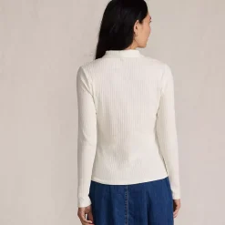 Women's Long Sleeve Pointelle Rib Keyhole Polo Top