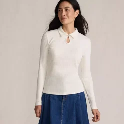 Women's Long Sleeve Pointelle Rib Keyhole Polo Top
