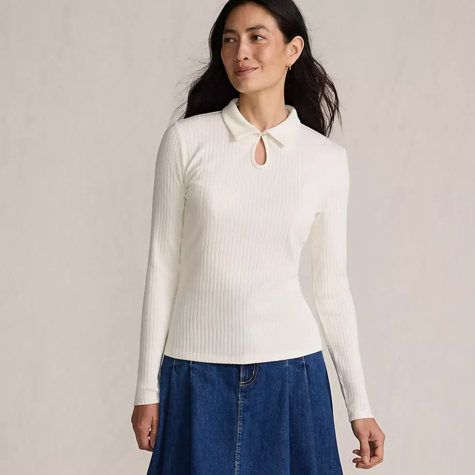 Women's Long Sleeve Pointelle Rib Keyhole Polo Top