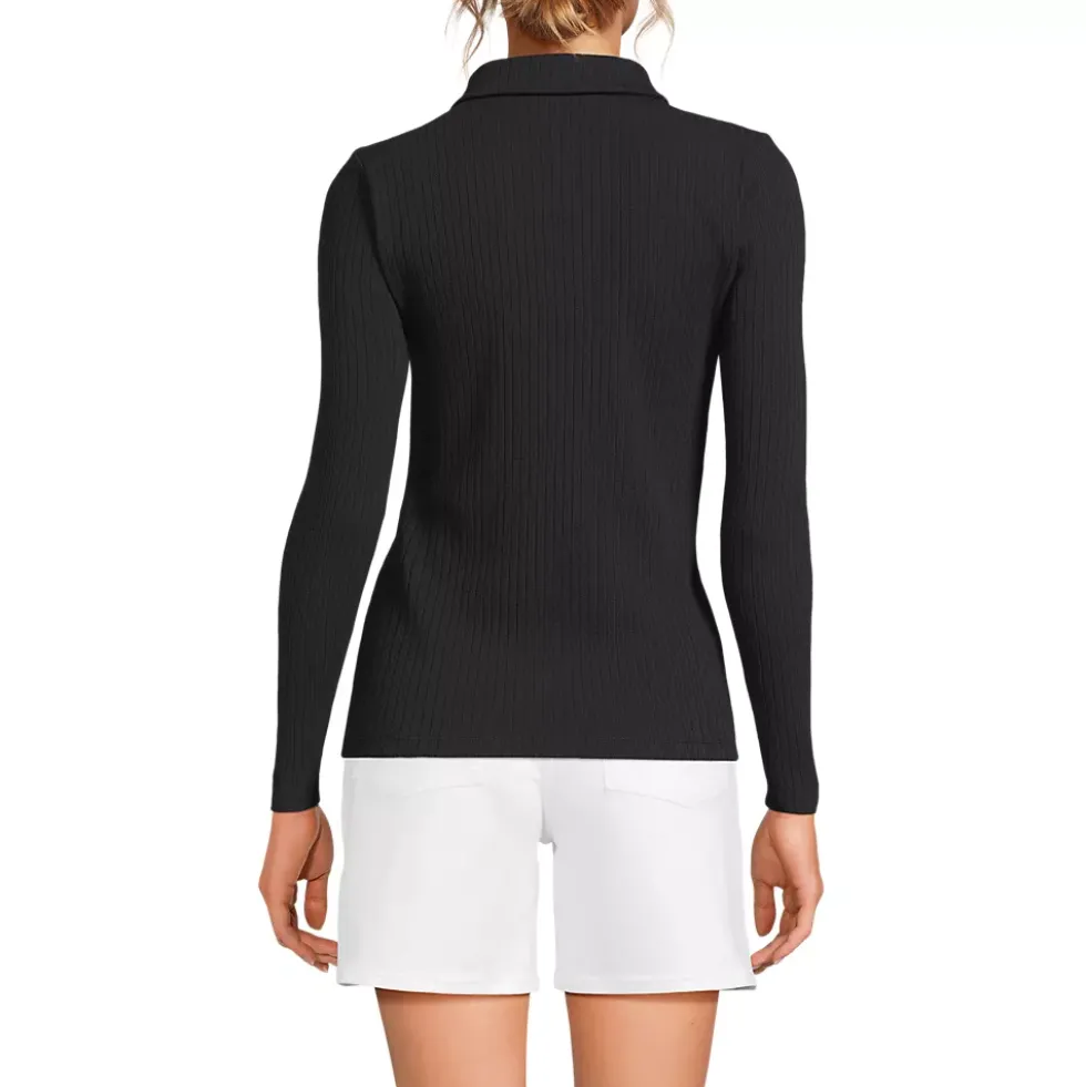 Women's Long Sleeve Pointelle Rib Keyhole Polo Top