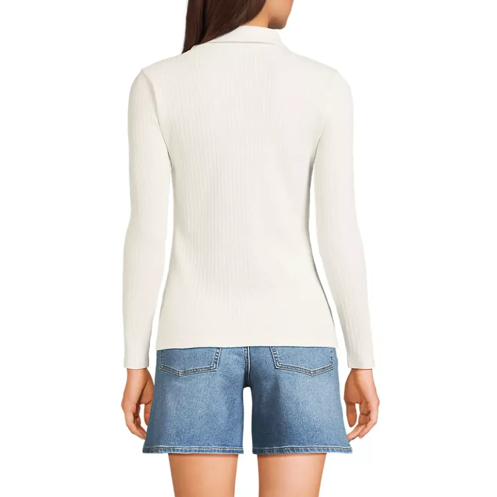 Women's Long Sleeve Pointelle Rib Keyhole Polo Top