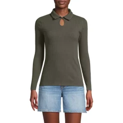 Women's Long Sleeve Pointelle Rib Keyhole Polo Top