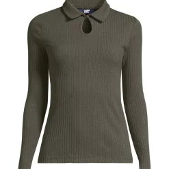 Women's Long Sleeve Pointelle Rib Keyhole Polo Top