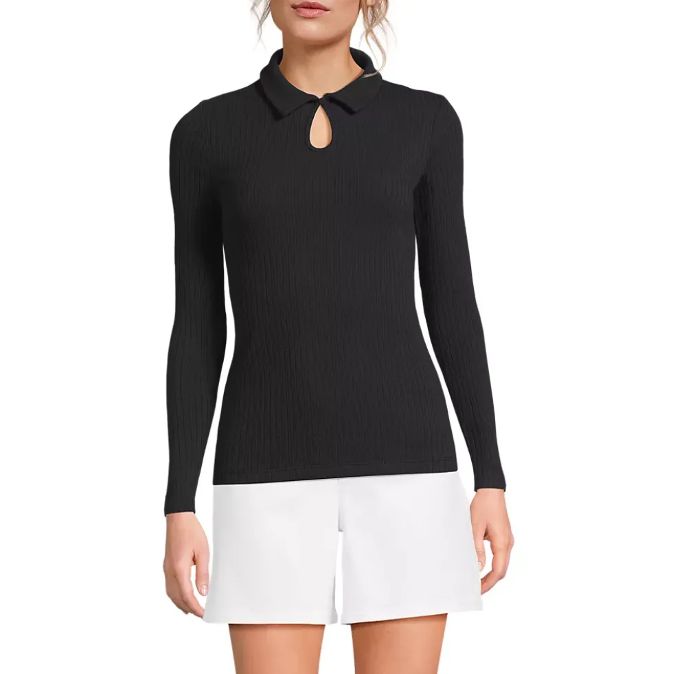 Women's Long Sleeve Pointelle Rib Keyhole Polo Top