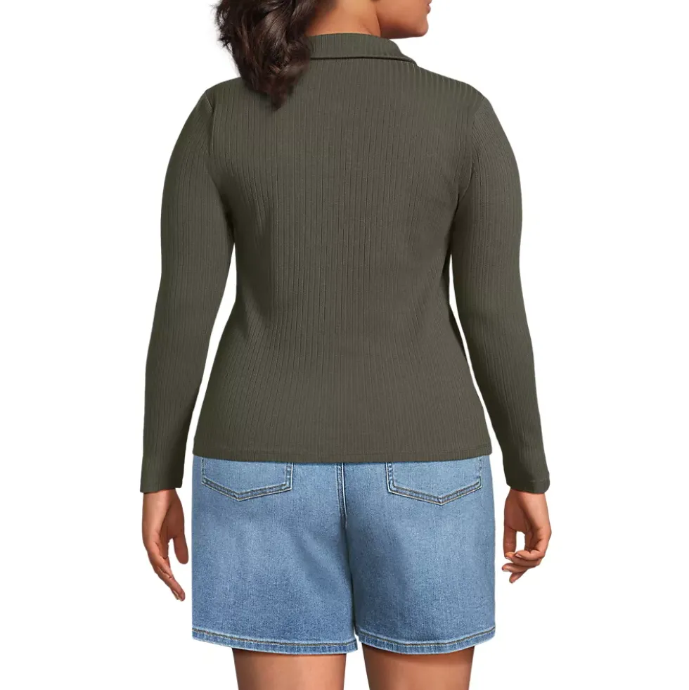 Women's Long Sleeve Pointelle Rib Keyhole Polo Top