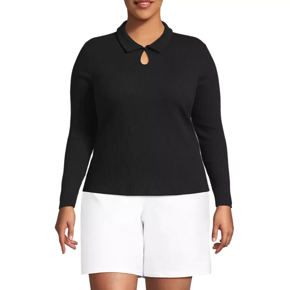 Women's Long Sleeve Pointelle Rib Keyhole Polo Top