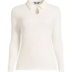 Women's Long Sleeve Pointelle Rib Keyhole Polo Top