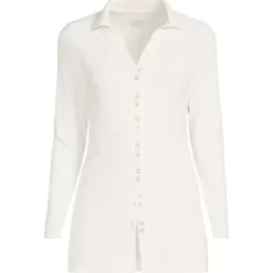 Women's Long Sleeve Polished Rib Button Through Tunic Shirt