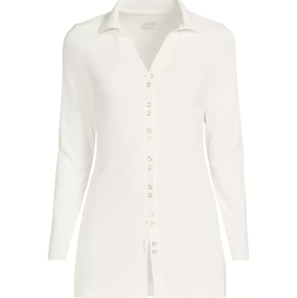 Women's Long Sleeve Polished Rib Button Through Tunic Shirt