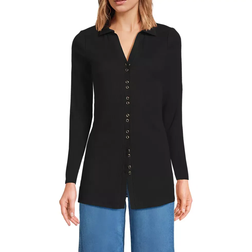 Women's Long Sleeve Polished Rib Button Through Tunic Shirt