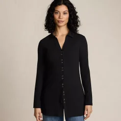 Women's Long Sleeve Polished Rib Button Through Tunic Shirt