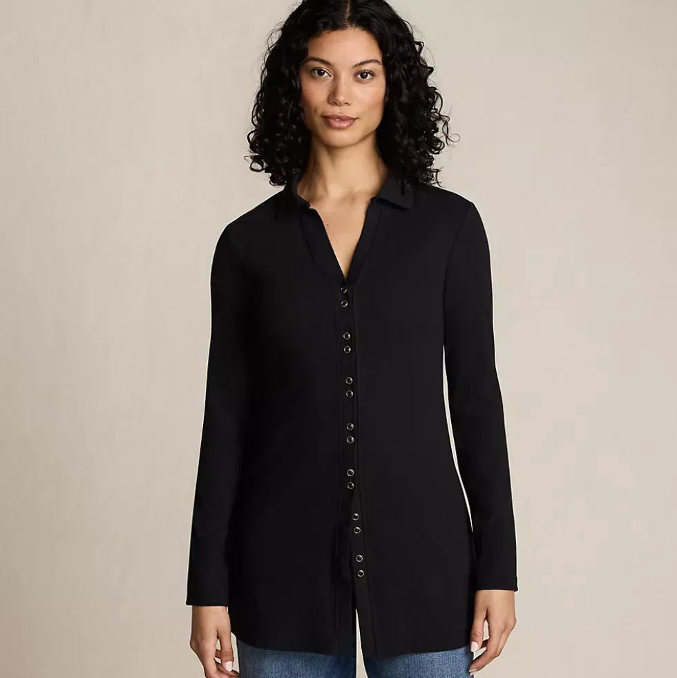Women's Long Sleeve Polished Rib Button Through Tunic Shirt
