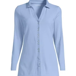 Women's Long Sleeve Polished Rib Button Through Tunic Shirt