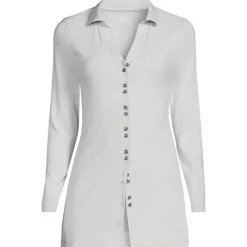 Women's Long Sleeve Polished Rib Button Through Tunic Shirt