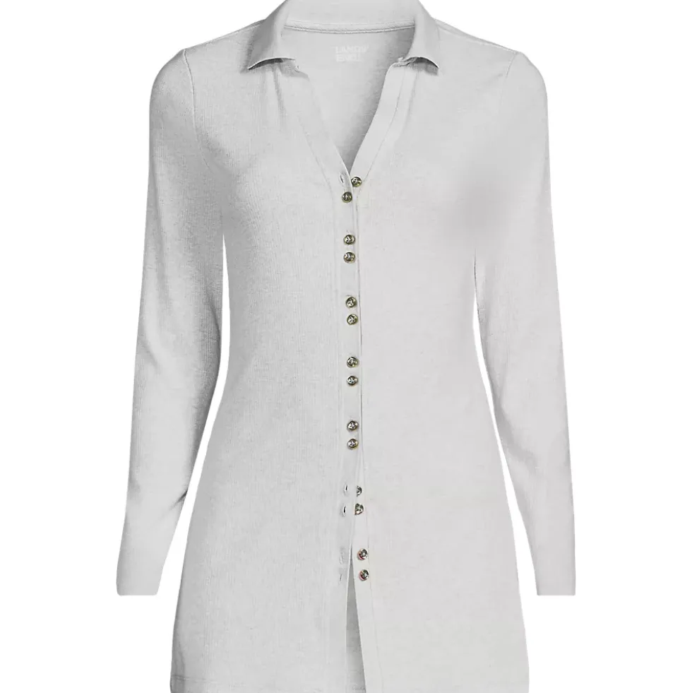 Women's Long Sleeve Polished Rib Button Through Tunic Shirt