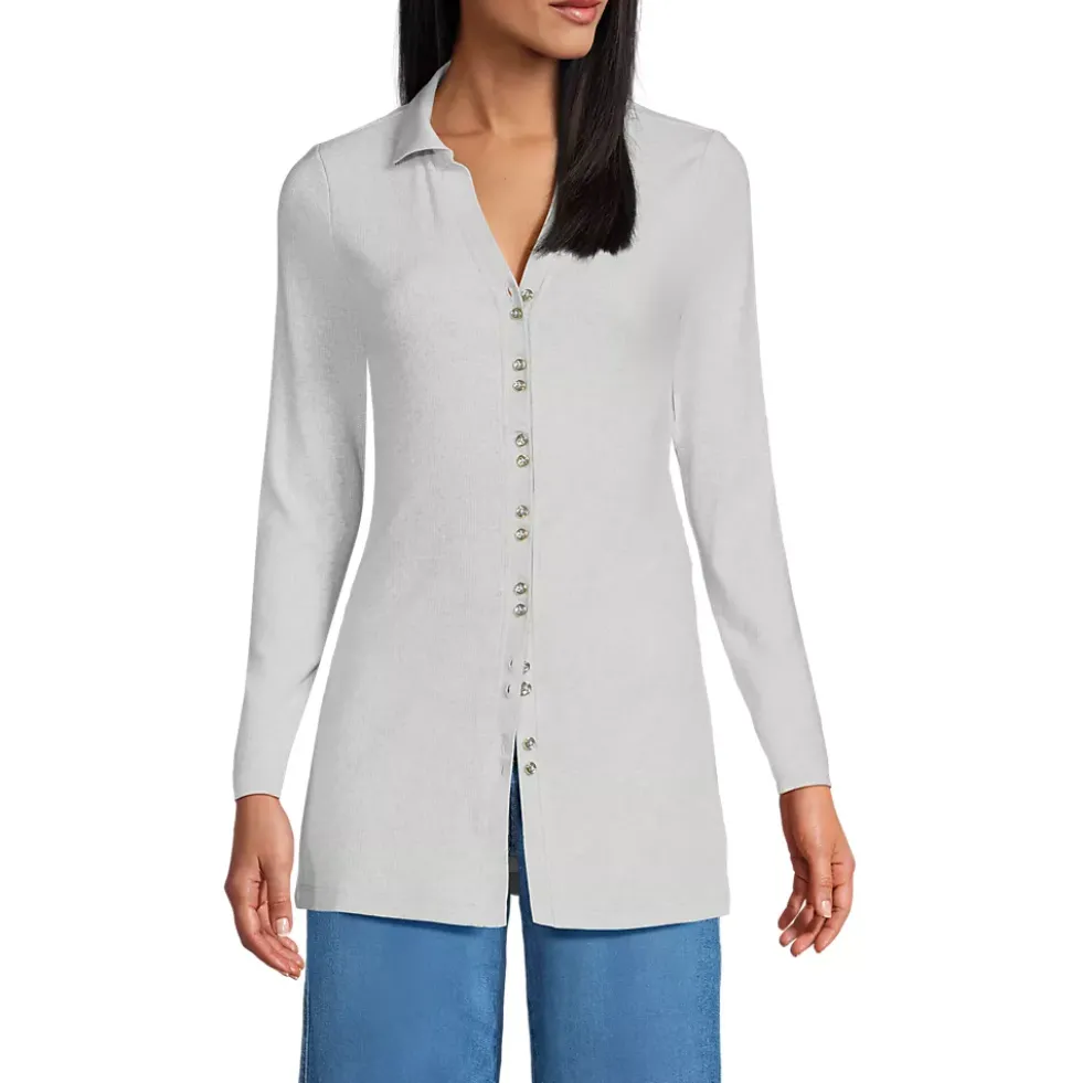 Women's Long Sleeve Polished Rib Button Through Tunic Shirt