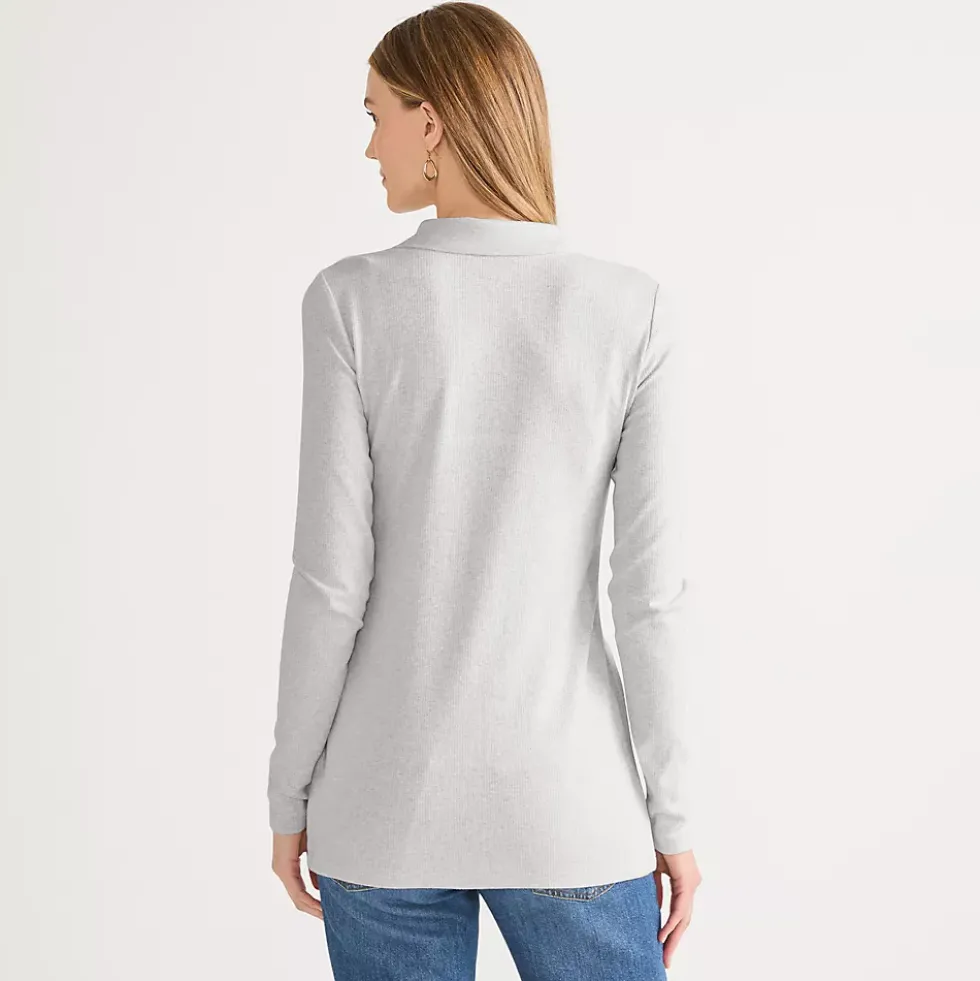 Women's Long Sleeve Polished Rib Button Through Tunic Shirt