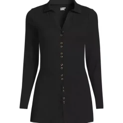 Women's Long Sleeve Polished Rib Button Through Tunic Shirt