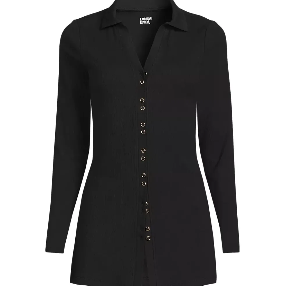 Women's Long Sleeve Polished Rib Button Through Tunic Shirt