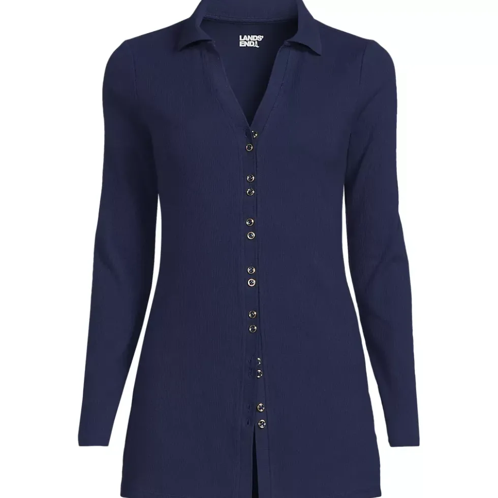 Women's Long Sleeve Polished Rib Button Through Tunic Shirt