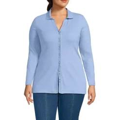 Women's Long Sleeve Polished Rib Button Through Tunic Shirt