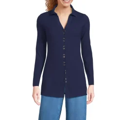 Women's Long Sleeve Polished Rib Button Through Tunic Shirt