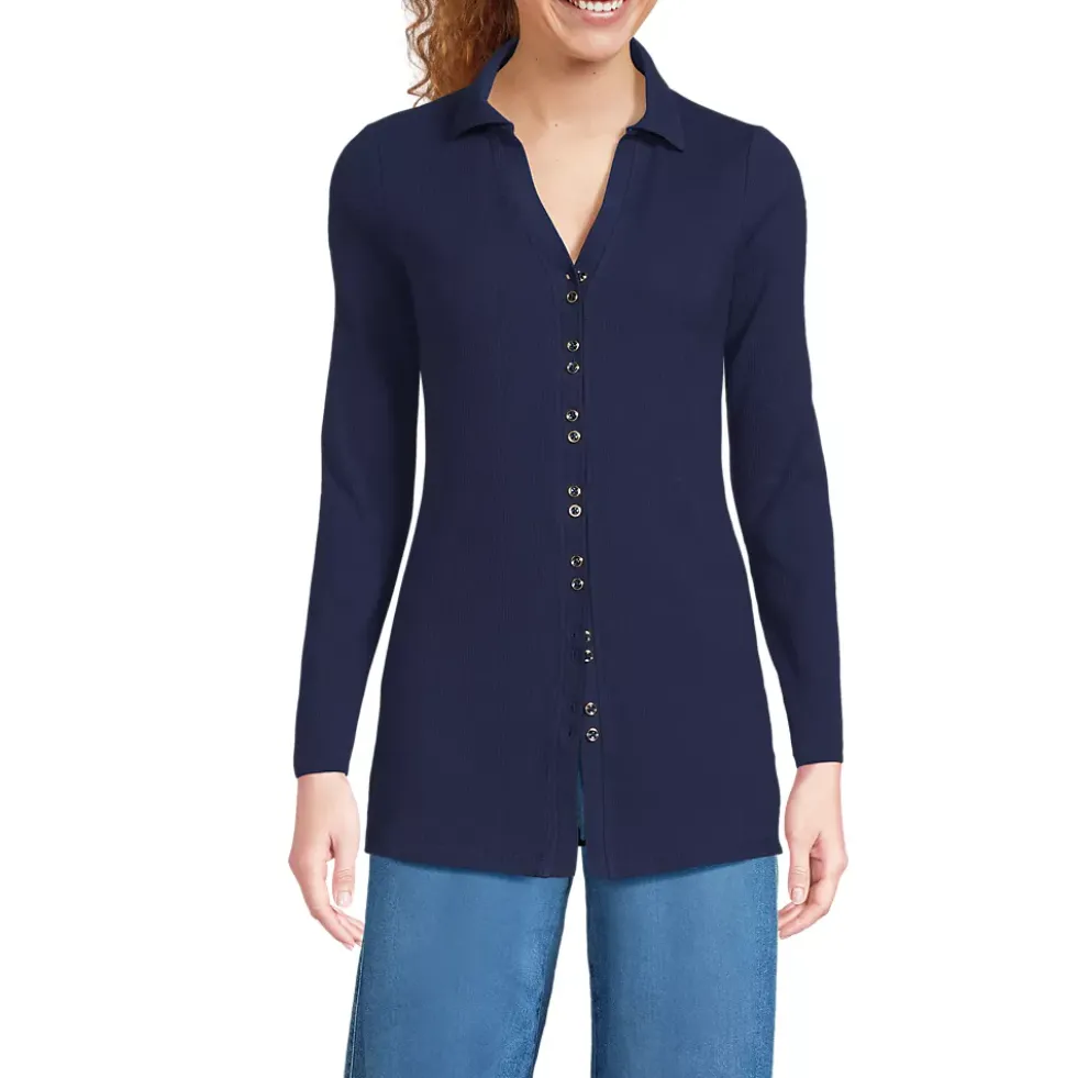 Women's Long Sleeve Polished Rib Button Through Tunic Shirt