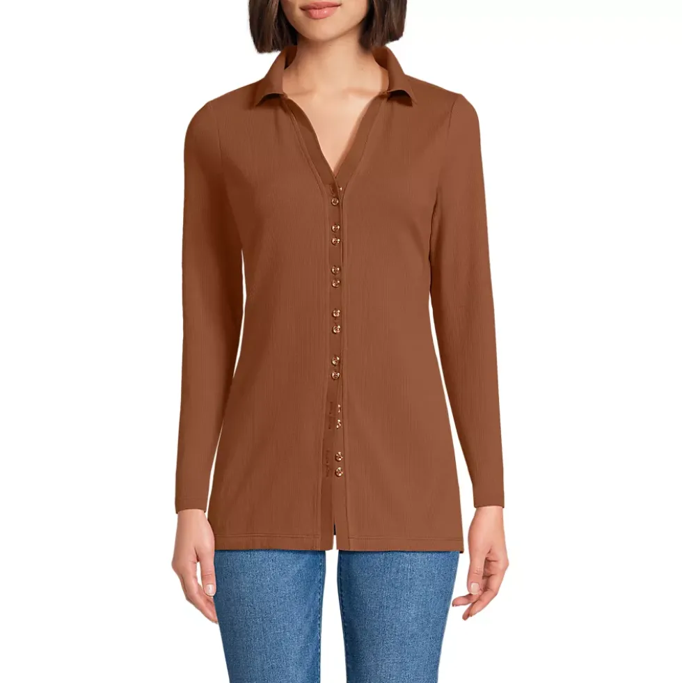 Women's Long Sleeve Polished Rib Button Through Tunic Shirt
