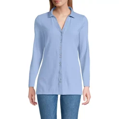 Women's Long Sleeve Polished Rib Button Through Tunic Shirt
