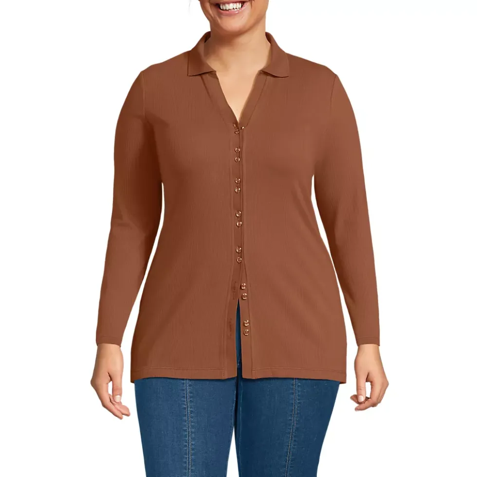 Women's Long Sleeve Polished Rib Button Through Tunic Shirt