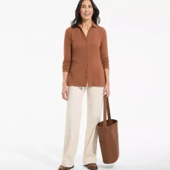 Women's Long Sleeve Polished Rib Button Through Tunic Shirt