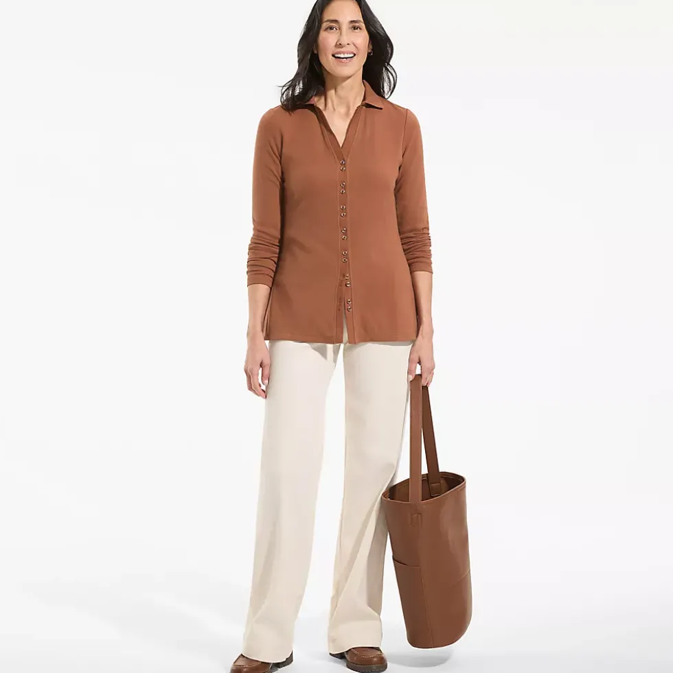 Women's Long Sleeve Polished Rib Button Through Tunic Shirt