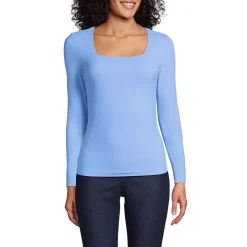 Women's Long Sleeve Tugless Double Layer Square Neck Knit Top