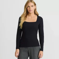 Women's Long Sleeve Tugless Double Layer Square Neck Knit Top