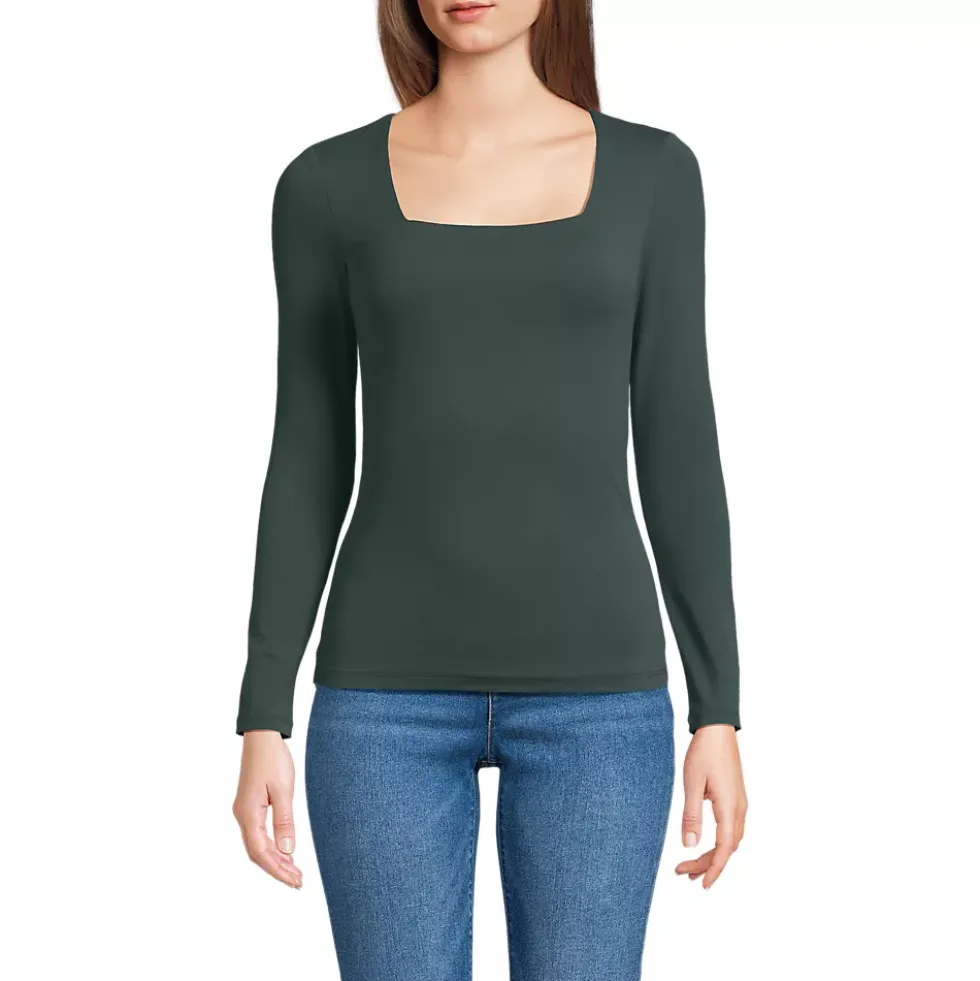 Women's Long Sleeve Tugless Double Layer Square Neck Knit Top