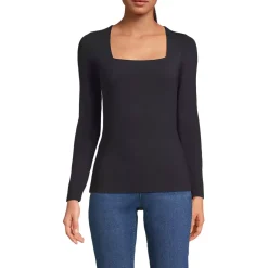 Women's Long Sleeve Tugless Double Layer Square Neck Knit Top