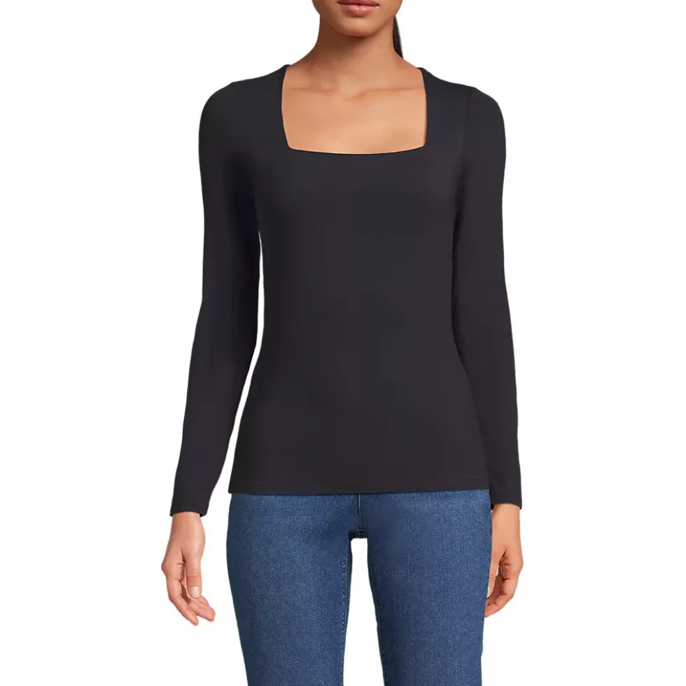 Women's Long Sleeve Tugless Double Layer Square Neck Knit Top