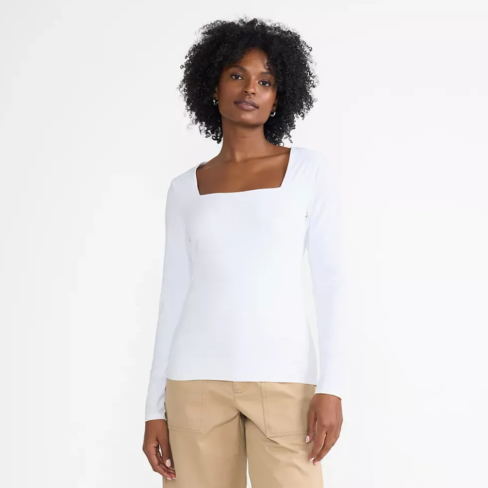 Women's Long Sleeve Tugless Double Layer Square Neck Knit Top