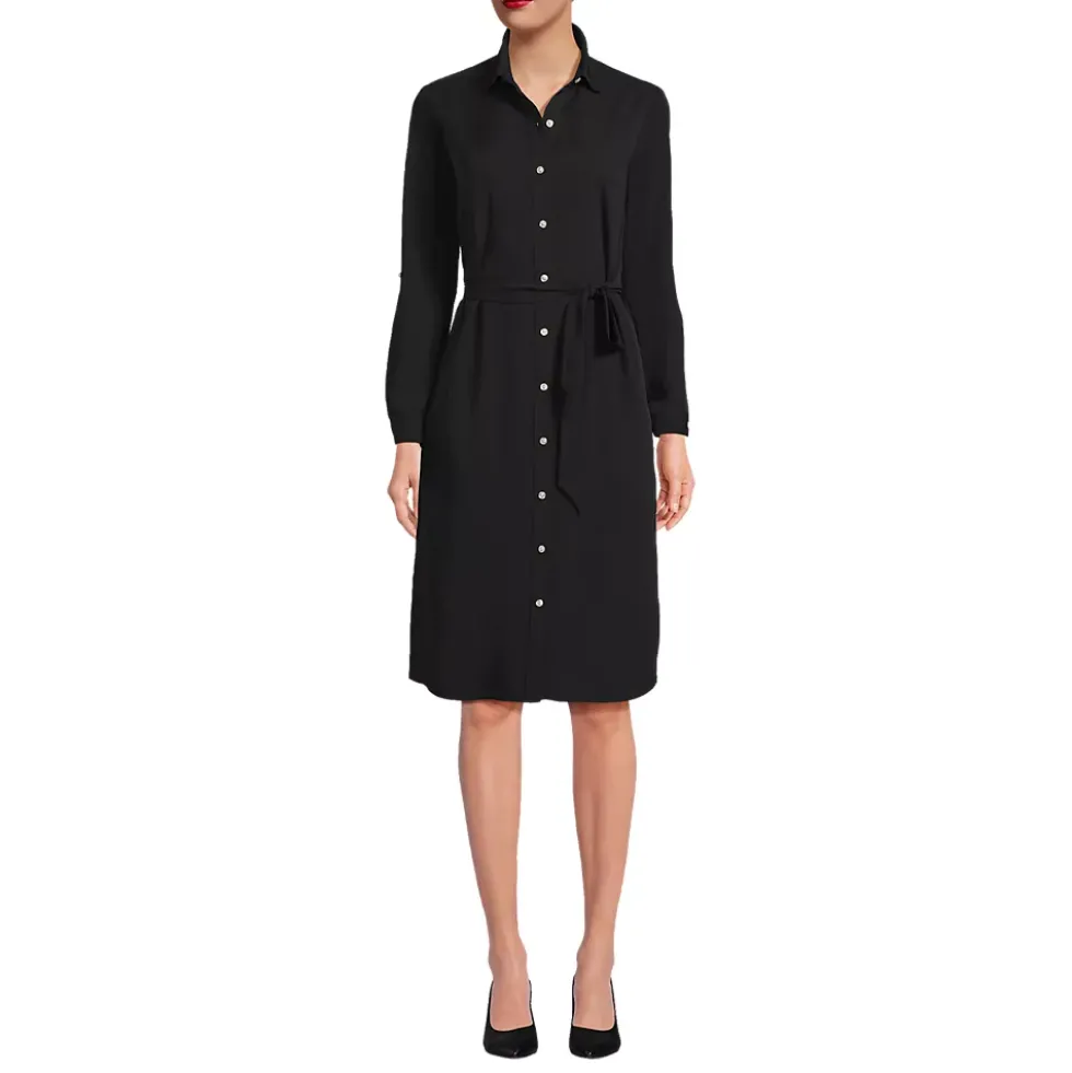 Women's Long Sleeve Twill Below Knee Belted Shirt Dress