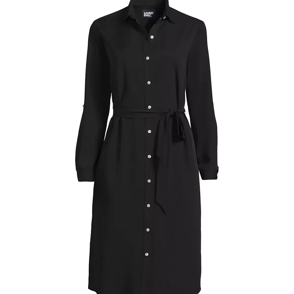 Women's Long Sleeve Twill Below Knee Belted Shirt Dress