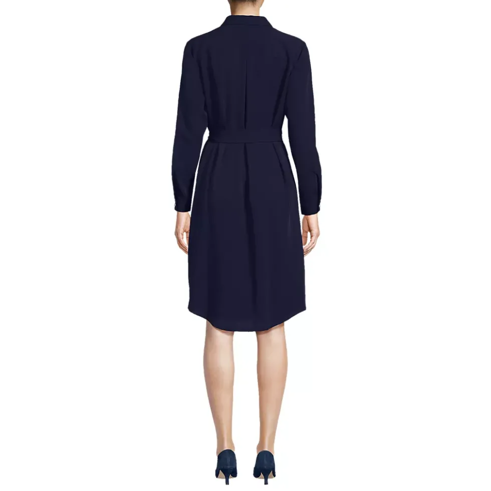 Women's Long Sleeve Twill Below Knee Belted Shirt Dress