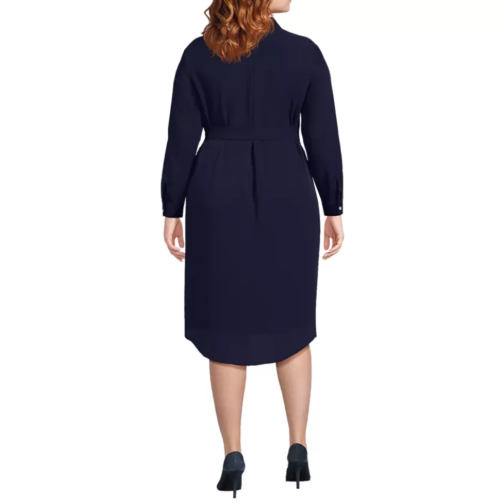 Women's Long Sleeve Twill Below Knee Belted Shirt Dress