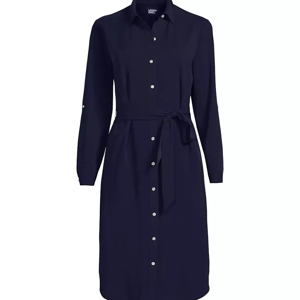 Women's Long Sleeve Twill Below Knee Belted Shirt Dress