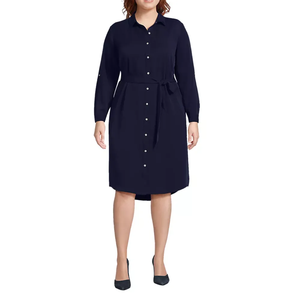 Women's Long Sleeve Twill Below Knee Belted Shirt Dress